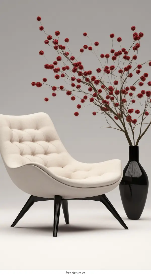 Modern Cream Upholstered Armchair with Red Berries