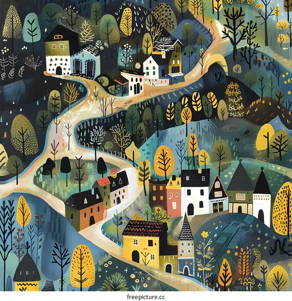 Colorful Illustration of a Winding Road Through a Village