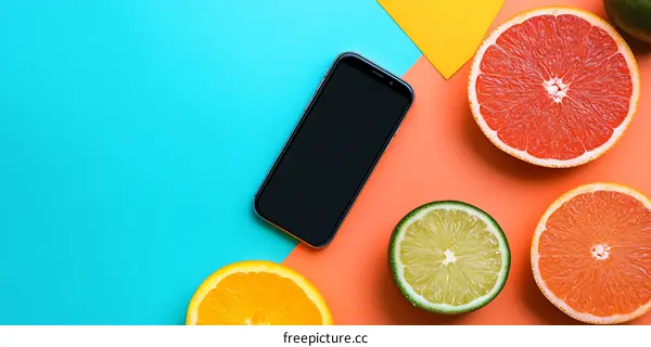 Flat Lay Phone with Citrus Fruits on a Colorful Background