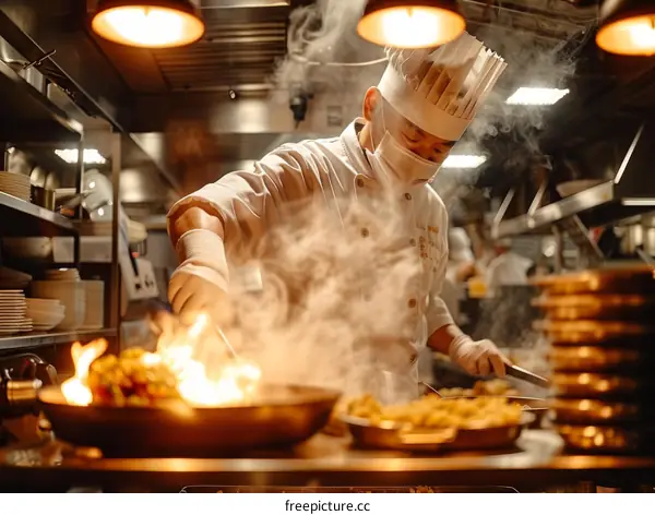 Asian chef cooking in a busy restaurant kitchen