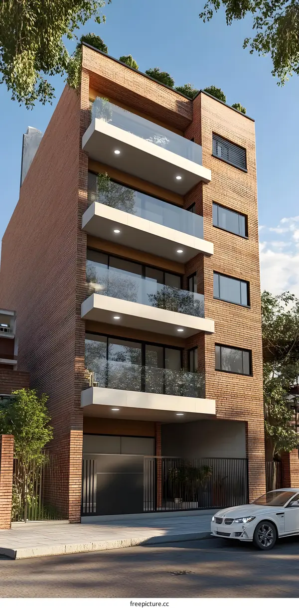Modern Brick Building with Balconies and a Car in Front