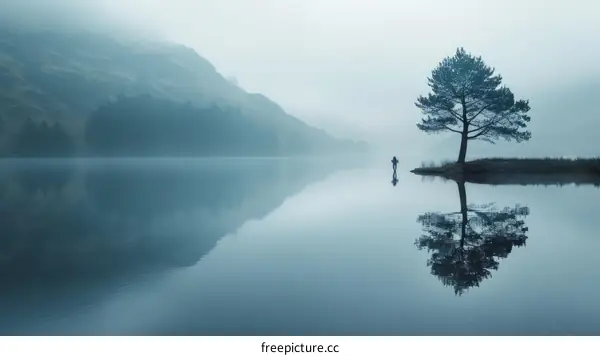 A Solitary Angler in a Misty Lake