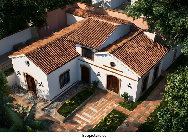 Aerial View of a White Spanish Style Home with a Red Tile Roof