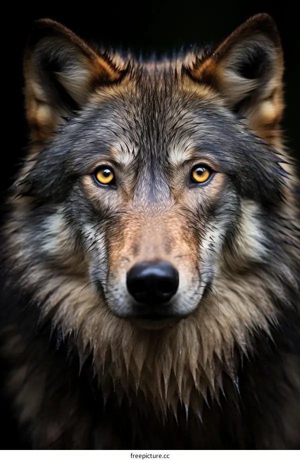 Portrait of a wet wolf staring at the camera