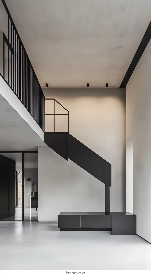 Modern Minimalist Home Interior Design with Concrete Walls and Black Staircase