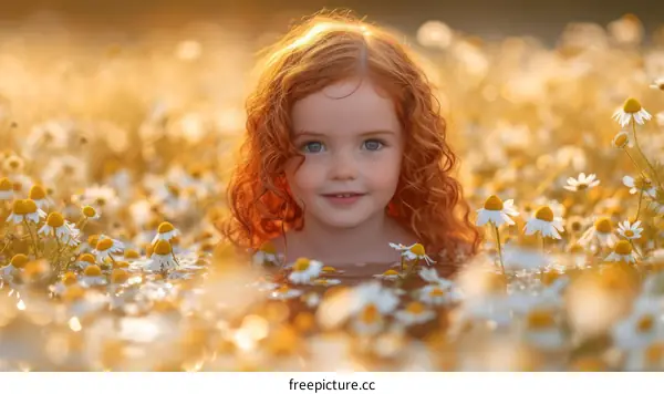 Little redheaded girl playing in a chamomile field