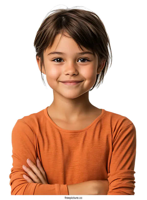 [Transparent Background PNG]Smiling Young Girl with Brown Hair and Orange Shirt