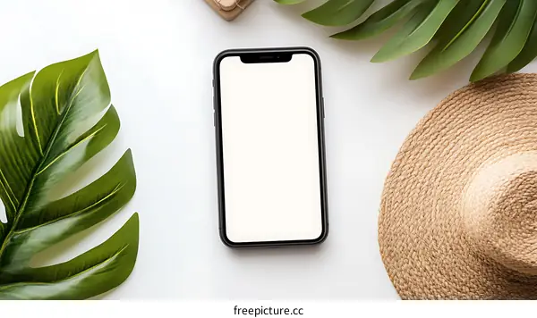 White Background with Green Leaves and Straw Hat and Smartphone