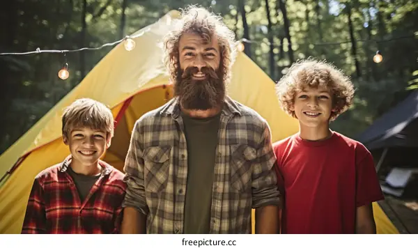 Happy family camping together in the woods
