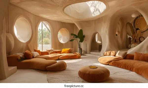 Futuristic interior design with a focus on natural materials and soft curves