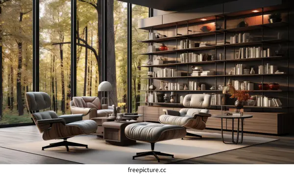 Modern living room interior with large windows overlooking a beautiful autumn forest