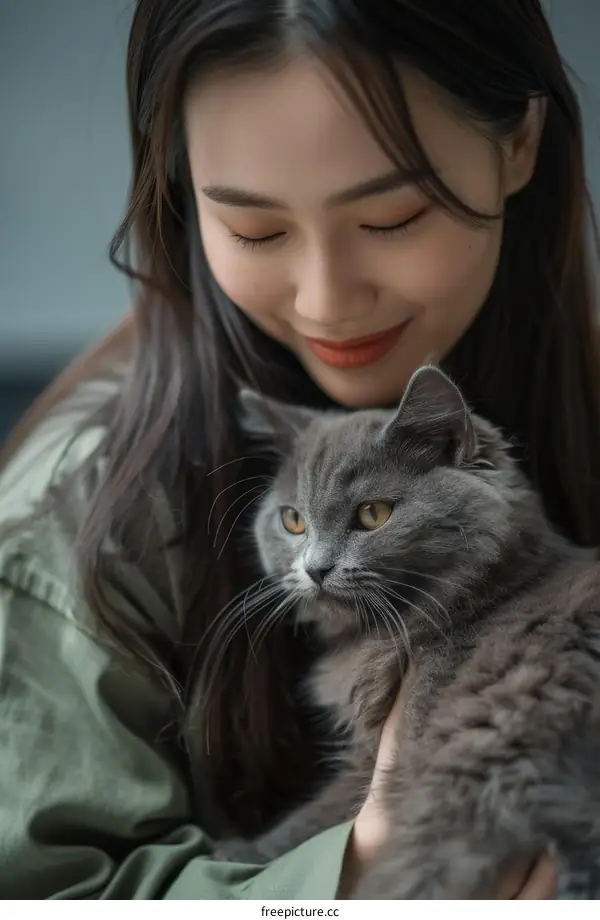 A young woman is hugging a gray cat