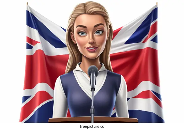 Illustration of a blonde woman speaking at a podium with a British flag in the background