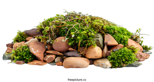 [Transparent Background PNG]Green Moss and Stones Isolated on White Background