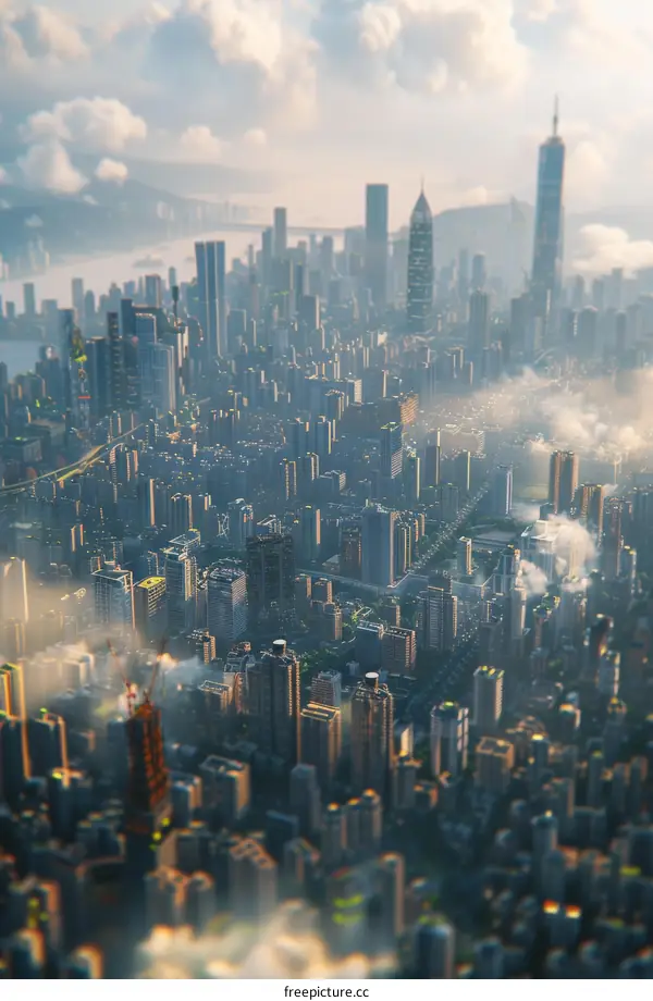 A bustling metropolis with skyscrapers piercing the clouds