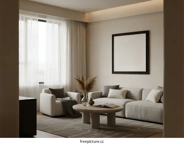 Modern living room with neutral tones and large window