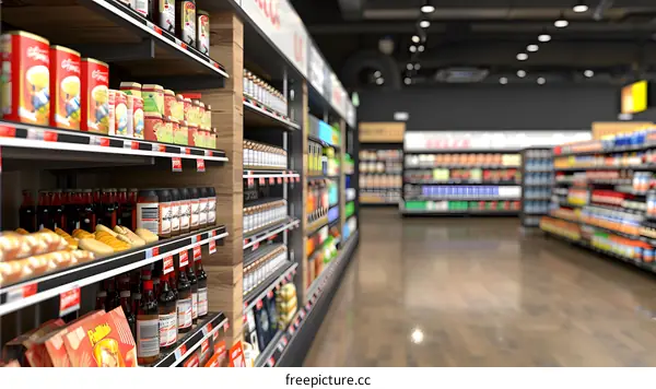 Grocery Store Aisle with Shelves Stocked with Products