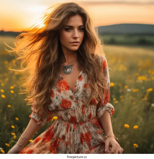 Portrait of a beautiful young woman in a field of flowers