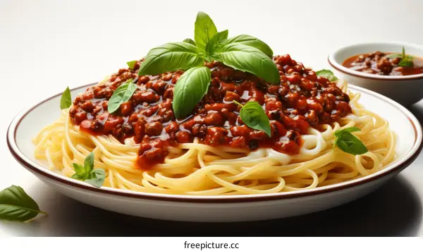 Spaghetti with Tomato Sauce and Fresh Basil close-up on a white background