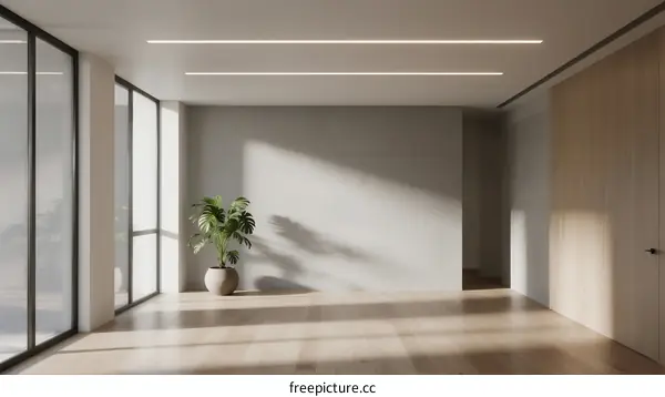 Modern minimalist interior space with large windows and plants