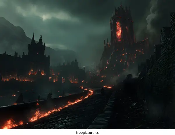 Dark Fantasy Cityscape with Burning Towers