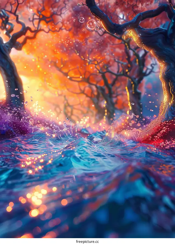 Surreal Fantasy Forest with Blue Water and Orange Trees