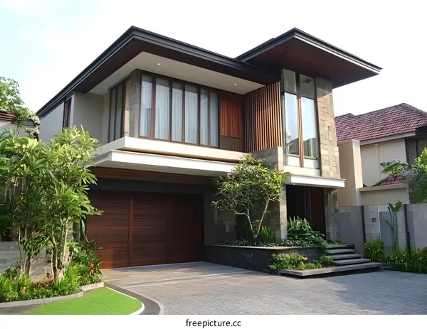 Modern House Exterior with Stone and Wood Facade