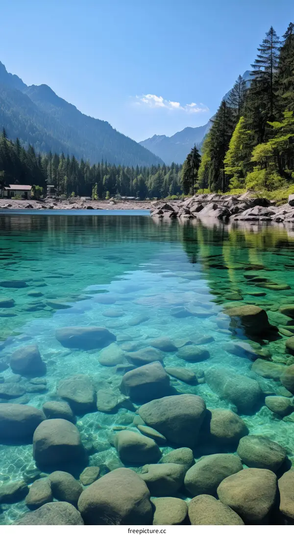 Crystal clear water in a lake surrounded by green mountains