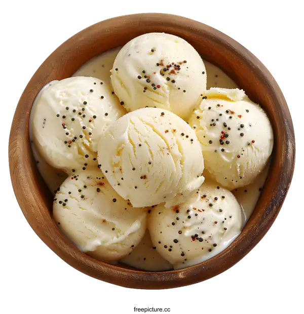 [Transparent Background PNG]Top view of vanilla ice cream balls with spices in wooden bowl