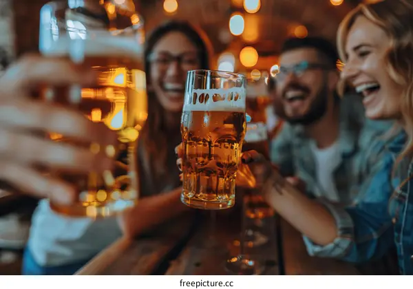 Group of friends toasting with beer glasses at a bar
