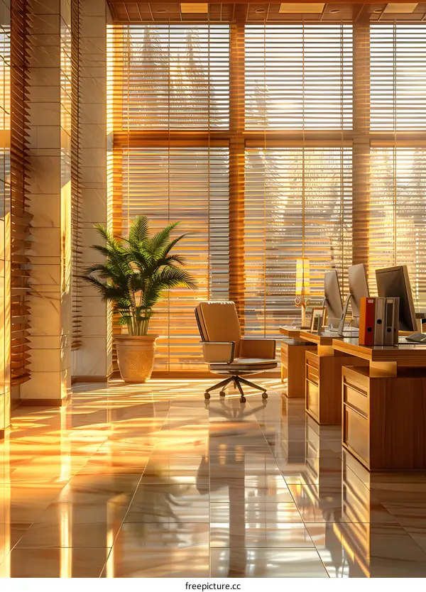 Office interior with large windows and a plant
