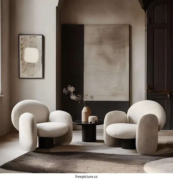 Modern Living Room Interior Design with Beige Armchairs and Abstract Painting