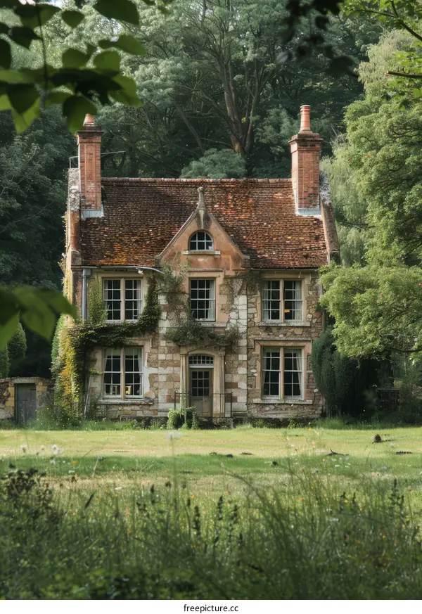 Small English country cottage surrounded by trees and greenery