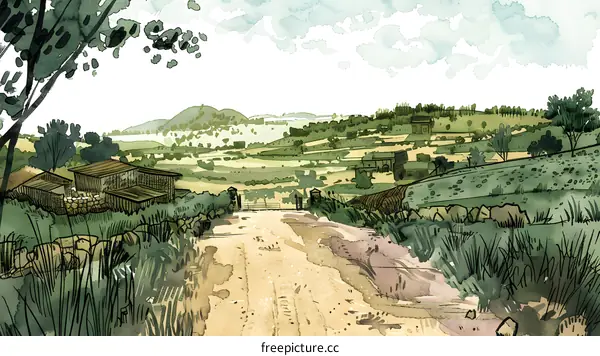 Watercolor Painting of a Rural Countryside Landscape