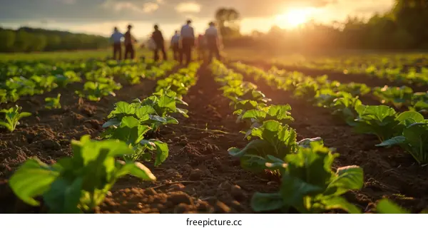Field of green plants with people in the distance