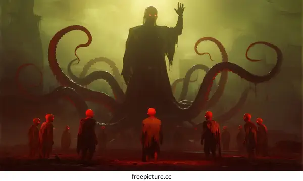 Giant tentacled creature with human figures in eerie dim green environment