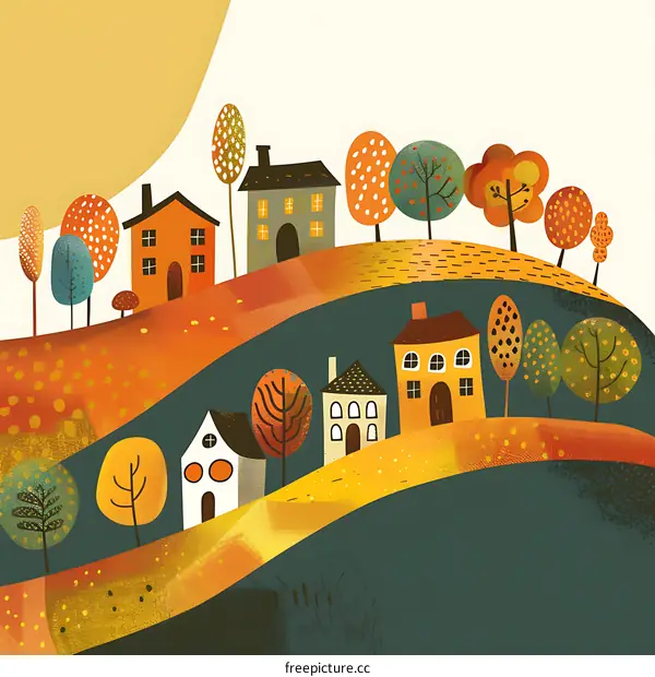 Autumn Village Illustration with Colorful Houses and Trees