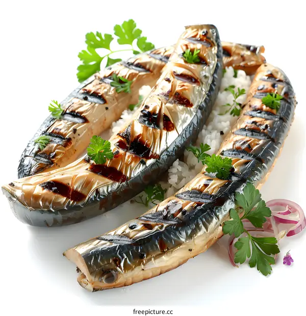 Grilled Saba fillets with rice and parsley