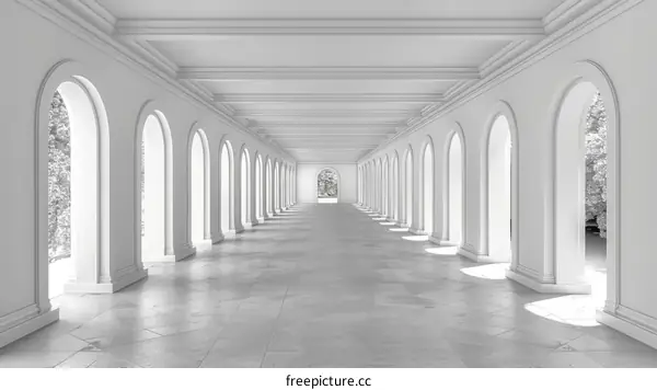 Long empty white hallway with arched openings on both sides
