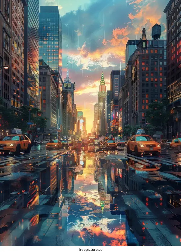 Rainy Sunset in a Cityscape Reflection