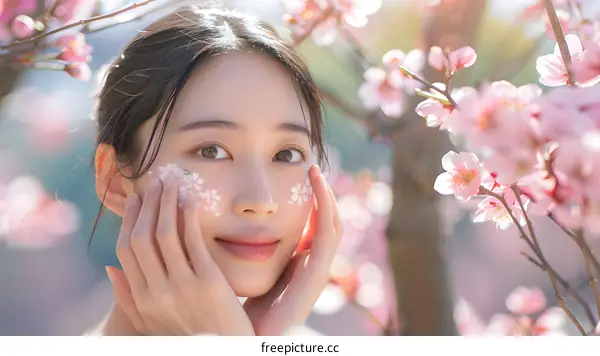 Smiling Woman with Flowers on her Face in a Cherry Blossom Garden