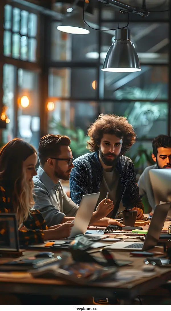 Four people in a meeting discussing ideas and using technology