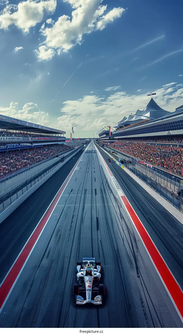 Formula One race car on a track with grandstands full of spectators