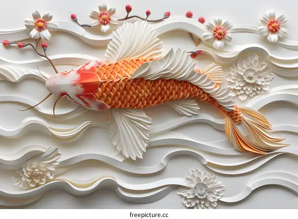 Paper Art of a Koi Fish with White Flowers
