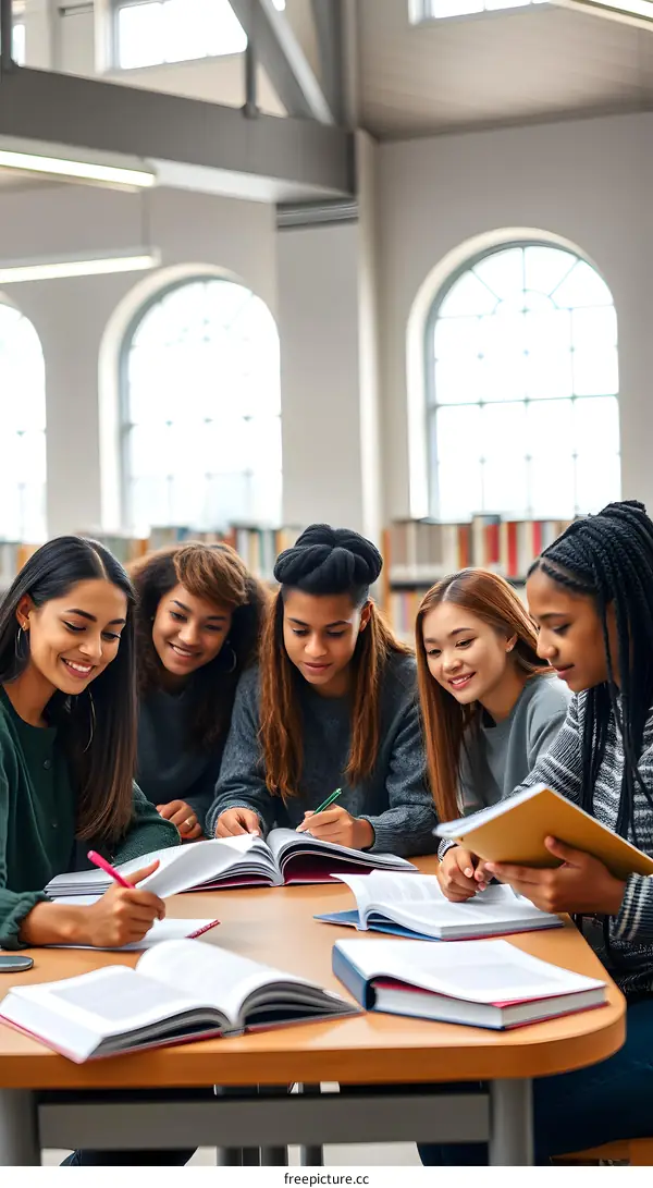 Diverse Group of Students Studying Together in Library