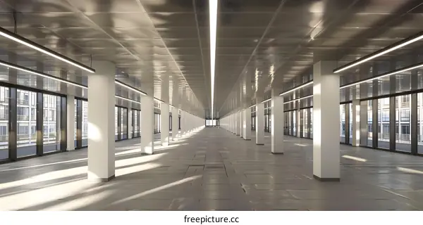 Modern Office Interior Design with White Columns and Large Windows