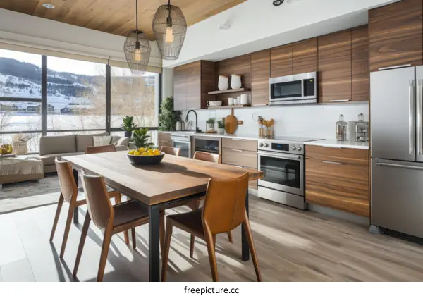Modern kitchen with wood cabinets and stainless steel appliances