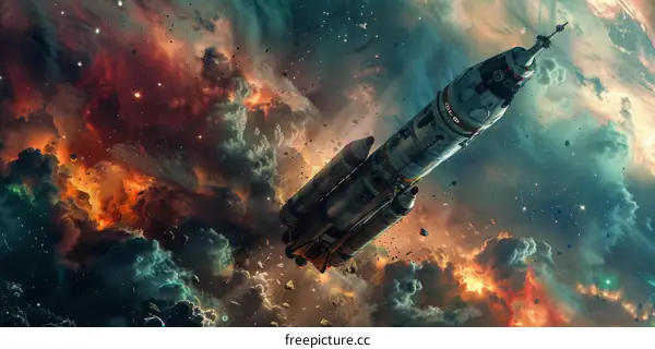 A spaceship is flying through a nebula.