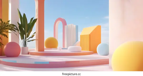 Abstract 3D Background With Geometric Shapes And Colorful Objects