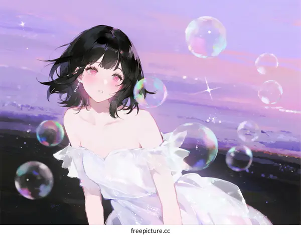 A young woman in white dress standing with floating bubbles at sunset
